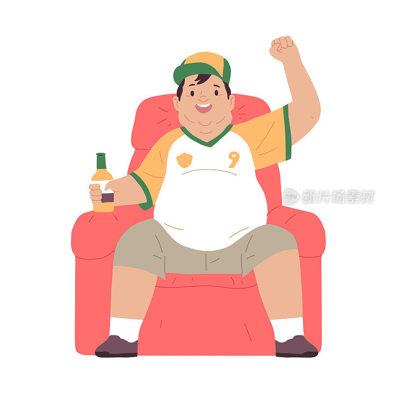fat or obese man sitting on a couch holding a bottle of cold beer